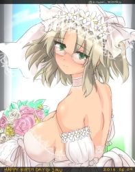 Rule 34 | 1girl, backless dress, backless outfit, bare shoulders, blush, bouquet, breasts, bridal veil, bride, cleavage, cleavage cutout, clothing cutout, dress, flower, glasses, gloves, green eyes, holding, holding bouquet, imu (senran kagura), large breasts, light brown hair, looking at viewer, minnku, parted bangs, pectoral cleavage, pectorals, senran kagura, senran kagura new link, short twintails, shoulder blades, sideboob, smile, solo, tiara, twintails, veil, wedding, wedding dress, white dress