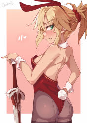 Rule 34 | 1girl, animal ears, ass, bare shoulders, blonde hair, blush, braid, breasts, clarent (fate), commentary, darahan, fake animal ears, fake tail, fang, fate/grand order, fate (series), from behind, green eyes, hair ornament, hair scrunchie, holding, holding sword, holding weapon, leotard, long hair, looking at viewer, mordred (fate), mordred (fate/apocrypha), pantyhose, pink background, playboy bunny, ponytail, rabbit ears, rabbit tail, red scrunchie, scrunchie, simple background, skin fang, solo, sword, tail, weapon, wrist cuffs