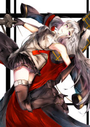 Rule 34 | 1girl, armpits, ass, azur lane, bare shoulders, belt, black footwear, black necktie, black thighhighs, blush, boots, bow (weapon), breasts, buttons, coat, unworn coat, collared shirt, compound bow, enterprise (azur lane), flight deck, floating, hat, highres, holding, holding bow (weapon), holding weapon, knee boots, large breasts, long hair, looking at viewer, machinery, miniskirt, necktie, otsunabe (naabe delta), panties, peaked cap, pleated skirt, purple eyes, rigging, shirt, silver hair, skindentation, skirt, sleeveless, sleeveless shirt, smile, solo, thighhighs, thighs, underwear, very long hair, weapon, white panties, white shirt, wing collar