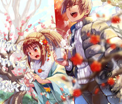 1boy 1girl 2023 :d ^_^ ahoge alternate_costume aqua_kimono black_coat blurry brother_and_sister brown_hair closed_eyes coat commentary_request cup dated_commentary day depth_of_field flower frown fur-trimmed_kimono fur_trim furisode hair_between_eyes hair_flower hair_ornament hand_in_pocket hand_up happy hatsumoude highres holding holding_cup japanese_clothes kanzashi kimono laughing leaning_forward light_blush little_busters! long_hair long_sleeves natsume_kyousuke natsume_rin new_year omikuji open_clothes open_coat open_mouth outdoors ponytail rakka red_eyes red_flower short_hair siblings sidelocks smile steam teeth tree upper_teeth_only v-shaped_eyebrows white_flower wide_sleeves winter winter_clothes