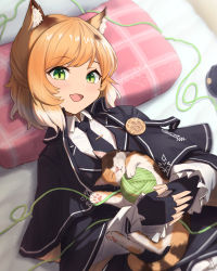 Rule 34 | 1girl, :d, animal ear fluff, animal ears, arknights, bed sheet, black gloves, black necktie, blush, cat, cat ears, fang, fingerless gloves, frilled sleeves, frills, from above, gloves, green eyes, highres, long sleeves, looking at viewer, lying, mousse (arknights), necktie, on back, on bed, open mouth, orange hair, pillow, school uniform, shironekoban, short hair, signature, skin fang, smile, solo, swept bangs, upper body, yarn, yarn ball