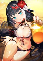 Rule 34 | 1girl, alternate costume, azur lane, bare legs, bare shoulders, beach, bikini, black bikini, black hair, black hat, black nails, blue eyes, blurry, blurry foreground, blush, bottle, breasts, cleavage, deutschland (azur lane), fang, flower, front-tie bikini top, front-tie top, giving, groin, hair flower, hair ornament, hair ribbon, halterneck, hand up, hat, head tilt, highres, holding, holding bottle, knee up, long hair, looking at viewer, lotion, medium breasts, mole, mole on body, multicolored hair, nail polish, navel, ocean, open mouth, outdoors, pinky out, reclining, red hair, red ribbon, ribbon, sand, side-tie bikini bottom, silver hair, skindentation, smile, solo, stomach, streaked hair, sunscreen, sunset, swimsuit, tetsubuta, thighs, very long hair, wet
