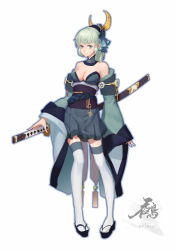 Rule 34 | 1girl, absurdres, bare shoulders, blue eyes, breasts, cleavage, crescent, crescent hair ornament, detached collar, detached sleeves, full body, geta, green hair, hair ornament, highres, japanese clothes, katana, obi, pixiv fantasia, pixiv fantasia t, ponytail, reisun001, sash, solo, standing, sword, thighhighs, very long sleeves, weapon, zettai ryouiki