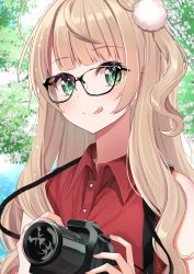 Rule 34 | 1girl, :q, absurdres, bare shoulders, blonde hair, blunt bangs, blush, borumete, camera, camera around neck, closed mouth, collared shirt, glasses, green eyes, hair ornament, highres, holding, holding camera, indie virtual youtuber, long hair, looking at viewer, one side up, pom pom (clothes), pom pom hair ornament, red shirt, shigure ui (vtuber), shirt, sleeveless, sleeveless shirt, solo, tongue, tongue out, upper body, virtual youtuber