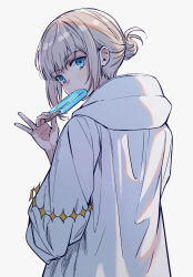 Rule 34 | 1boy, blue eyes, blush, coat, fate/grand order, fate (series), food, grey background, grey hair, hair bun, highres, holding, holding food, hood, hood down, hooded coat, looking at viewer, looking back, male focus, oberon (fate), popsicle, shichimi (ftlvampire32), simple background, single hair bun, solo, white coat