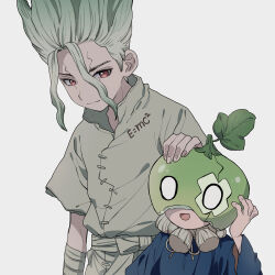 Rule 34 | 1boy, 1girl, :d, absurdres, bandages, blonde hair, closed mouth, dr. stone, food, fruit, green hair, grey background, hand on another&#039;s head, highres, ishigami senkuu, kojirou (kojirou sousaku), multicolored hair, open mouth, simple background, smile, suika (dr. stone), upper body, watermelon, white hair, wide sleeves