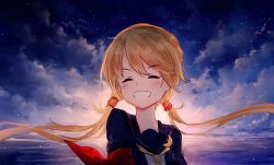 Rule 34 | 1girl, arm ribbon, axleaki, blonde hair, blue sailor collar, blue serafuku, blue shirt, blush, clenched teeth, closed eyes, cloud, cloudy sky, commentary, facing viewer, floating hair, hair between eyes, highres, horizon, kantai collection, long hair, low twintails, moon (ornament), necktie, open mouth, red ribbon, ribbon, sailor collar, satsuki (kancolle), school uniform, serafuku, shirt, sky, smile, solo, star (sky), starry sky, teeth, twilight, twintails, upper body, yellow necktie