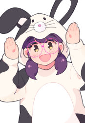 Rule 34 | 1girl, absurdres, animal costume, aragon honnin, blush, glasses, highres, long sleeves, looking at viewer, low twintails, open mouth, original, pink-framed eyewear, purple hair, rabbit costume, round eyewear, short hair, short twintails, smile, solo, twintails, upper body, yellow eyes