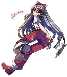 Rule 34 | 1girl, bow, commentary, fujiwara no mokou, full body, grey hair, hair bow, highres, long hair, ofuda, ofuda on clothes, one-hour drawing challenge, pants, red bow, red eyes, red footwear, red pants, renshirenji, short sleeves, simple background, solo, suspenders, touhou, twitter username, white background, white bow