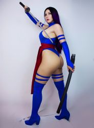 Rule 34 | 1girl, absurdres, ass, breasts, cosplay, danielle vedovelli, female focus, gloves, highres, huge ass, large breasts, leotard, long hair, marvel, photo (medium), psylocke, psylocke (cosplay), purple hair, sideboob, solo, standing, tagme, thigh strap, thighhighs, thighs, thong leotard, x-men