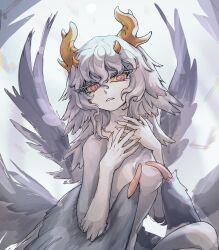 Rule 34 | 1girl, antlers, bird girl, bird wings, bright pupils, claws, colored eyelashes, colored sclera, colored skin, commentary, cyany, english commentary, feathered wings, grey background, grey hair, grey skin, grey wings, hair between eyes, hands up, highres, horns, imuthar (cyany), long hair, looking at viewer, monster girl, multiple horns, multiple wings, orange horns, original, parted lips, red eyes, solo, thick eyelashes, upper body, wings, yellow sclera