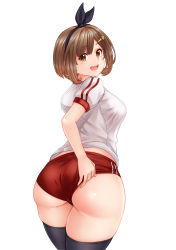Rule 34 | 1girl, absurdres, ass, atelier (series), atelier ryza, blush, breasts, brown eyes, brown hair, buruma, cameltoe, djloops, fang, from behind, hair ornament, hair ribbon, hairclip, highres, huge ass, large breasts, looking at viewer, looking back, open mouth, reisalin stout, ribbon, shiny skin, shirt, short hair, sideboob, simple background, smile, solo, thick thighs, thighhighs, thighs, white background, wide hips