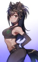 Rule 34 | 10s, 1girl, animal ears, arched back, bare shoulders, black gloves, black hair, blue background, blush, breasts, brown eyes, brown thoroughbred (kemono friends), commentary request, contemporary, cowboy shot, crop top, dark-skinned female, dark skin, detached sleeves, elbow gloves, fingerless gloves, gloves, gradient background, hands on own hips, horse girl, kemono friends, looking at viewer, medium breasts, midriff, multicolored background, parted lips, sideboob, solo, tail, yurizuka (sergeant heart)