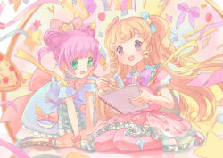 Rule 34 | 2girls, :d, ahoge, arm support, blonde hair, blue bow, bow, clock, commentary, detached sleeves, double bun, dress, english commentary, frilled dress, frills, full body, green eyes, hair bow, hair bun, holding, holding notebook, holding pencil, idol clothes, idol time pripara, leaning forward, long hair, looking down, manaka laala, manaka laala (young), multiple girls, notebook, open mouth, pencil, pink bow, pink dress, pretty series, pripara, purple eyes, purple hair, ruru ashihara, short hair, short sleeves, sitting, smile, star (symbol), two side up, yumekawa yui