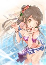 Rule 34 | 10s, 1girl, beach, bikini, bracelet, breasts, brown eyes, cleavage, female focus, flower, flyingfish-mat, grey hair, hair flower, hair ornament, jewelry, large breasts, long hair, looking at viewer, love live!, love live! school idol project, minami kotori, necklace, ocean, one eye closed, open mouth, outdoors, sand, side ponytail, smile, solo, standing, swimsuit, water, wink