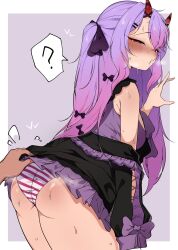 Rule 34 | 1boy, 1girl, 2024, armpits, arms up, blush, clothes lift, ecchigf, female focus, grabbing, indie virtual youtuber, kamihoshi project, kkrazyyyy1, looking back, monster girl, oni, oni female, panties, purple hair, red eyes, skirt, skirt lift, striped clothes, striped panties, sweat, syd (ecchigf), twintails, underwear, virtual youtuber