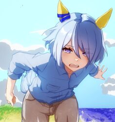 Rule 34 | 1girl, animal ears, blue hair, blue shirt, blue sky, brown pants, collared shirt, commentary request, cowboy shot, ear covers, ear ornament, grass, hair between eyes, highres, horse ears, horse girl, horse tail, k.s.miracle (umamusume), light blue hair, long sleeves, official alternate costume, open mouth, outdoors, pants, purple eyes, shirt, short hair, sky, solo, tail, teeth, umamusume, upper teeth only, water, yoojp