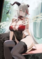 Rule 34 | 1girl, absurdres, aegir (azur lane), aegir (golden dragon among auspicious clouds) (azur lane), azur lane, bad hands, bare shoulders, black garter straps, black thighhighs, blush, breasts, cleavage, closed mouth, garter straps, grey hair, highres, horn ornament, horns, large breasts, looking at viewer, multicolored hair, official alternate costume, pelvic curtain, red hair, sitting, solo, streaked hair, thighhighs, thighs, tnr (horiko1525), yellow eyes