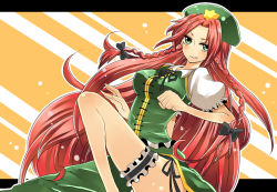 Rule 34 | 1girl, bad id, bad pixiv id, braid, breasts, china dress, chinese clothes, dress, female focus, green eyes, hat, hong meiling, immaterial and missing power, letterboxed, long hair, motimoti, red hair, solo, touhou, twin braids