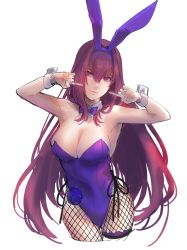 Rule 34 | animal ears, bow, bowtie, breasts, cleavage, closed mouth, commentary request, cropped legs, detached collar, fake animal ears, fake tail, fate/grand order, fate (series), fishnet legwear, fishnets, flower, highres, leotard, long hair, medium breasts, momokaban, official alternate costume, pantyhose, playboy bunny, purple bow, purple bowtie, purple flower, purple leotard, purple rose, rabbit ears, rabbit tail, red eyes, red hair, rose, scathach (fate), scathach (piercing bunny) (fate), strapless, strapless leotard, tail, thigh strap, very long hair, wrist cuffs