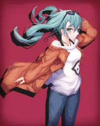 Rule 34 | 1girl, bad id, bad pixiv id, bare shoulders, blue eyes, blue hair, bra strap, closed mouth, collarbone, denim, earrings, eyewear on head, h2o (dfo), hatsune miku, jeans, jewelry, long hair, looking at viewer, off shoulder, pants, solo, sunglasses, twintails, vocaloid