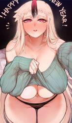 Rule 34 | 1girl, abyssal ship, alternate costume, black panties, breasts, clothes lift, colored skin, covered erect nipples, english text, female pubic hair, grey sweater, happy new year, highres, horns, huge breasts, kantai collection, long hair, long sleeves, looking at viewer, navel, new year, panties, pubic hair, red eyes, ribbed sweater, seaport princess, single horn, solo, sweater, underwear, uni (oni unicorn), very long hair, white hair, white skin