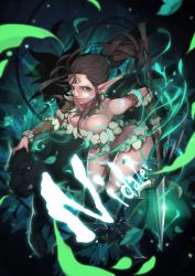 Rule 34 | 1girl, animal, bad id, bad pixiv id, brown hair, character name, elf, facial mark, forehead mark, league of legends, long hair, michael.r, michael rain, nidalee, panther, pointy ears, polearm, ponytail, solo, weapon