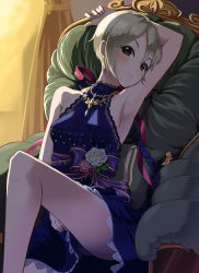 Rule 34 | 10s, 1girl, argon, arm up, armpits, bare shoulders, black eyes, blonde hair, blush, commentary request, dress, earrings, highres, idolmaster, idolmaster cinderella girls, jewelry, looking at viewer, shiomi syuko, short hair, silver hair, sitting, sleeveless, sleeveless dress, smile, solo
