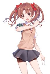 Rule 34 | 1girl, armband, between fingers, brown eyes, brown hair, commentary request, contrapposto, cowboy shot, green armband, highres, holding, looking at viewer, needle, nemu mohu, open mouth, school uniform, shirai kuroko, simple background, solo, sweater vest, thigh strap, thighs, toaru kagaku no railgun, toaru majutsu no index, tokiwadai school uniform, twintails, v-neck, white background