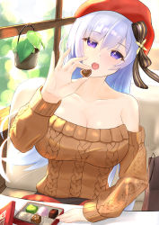 Rule 34 | aran sweater, azur lane, backlighting, bare shoulders, belfast (azur lane), belfast (shopping with the head maid) (azur lane), beret, black ribbon, breasts, brown sweater, cable knit, candy, chocolate, chocolate heart, cleavage, food, hair between eyes, hat, heart, highres, holding, holding chocolate, holding food, large breasts, light purple hair, looking at viewer, odede, off-shoulder sweater, off shoulder, official alternate costume, open mouth, purple eyes, red headwear, ribbon, sweater