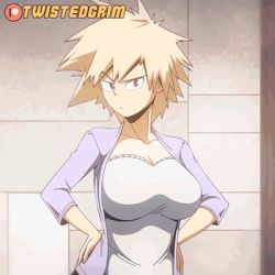 Rule 34 | 10s, 1girl, animated, animated gif, artist name, bakugou mitsuki, black bra, black hair, blonde hair, blouse, boku no hero academia, bouncing breasts, bra, breast hold, breasts, cleavage, clothes pull, eyes visible through hair, flashing, hands on own hips, huge breasts, large breasts, looking at viewer, lowres, mature female, naughty face, pulled by self, shirt, smile, solo, spiked hair, standing, twistedgrim, underwear, undressing, white shirt