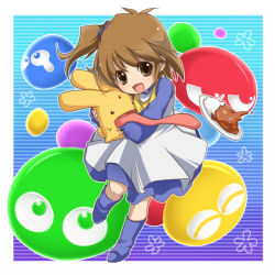 Rule 34 | 1girl, aged down, arle nadja, blob, blue background, blue footwear, boots, brown eyes, brown hair, carbuncle (puyopuyo), child, compile, creature, curry, dress, food, full body, gradient background, kosumo, long tongue, madou monogatari, plate, purple background, puyo (puyopuyo), puyopuyo, short hair, side ponytail, smile, tongue, tongue out