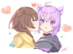 Rule 34 | 2girls, ahoge, animal ear fluff, animal ears, blush, braid, brown hair, cat ears, closed eyes, commentary request, dated, dog ears, hair between eyes, heart, hololive, imminent kiss, inugami korone, inugami korone (1st costume), looking at viewer, multiple girls, nekomata okayu, nekomata okayu (1st costume), ogura toast, purple eyes, purple hair, short hair, signature, twin braids, virtual youtuber, yuri