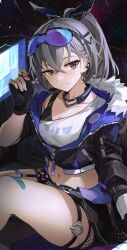 Rule 34 | 1girl, bandaid, bandaid on leg, black gloves, black jacket, black shorts, blush, chinese commentary, closed mouth, collarbone, commentary, crossed bangs, fingerless gloves, fur trim, gloves, goggles, goggles on head, grey eyes, grey hair, hair ornament, hand up, highres, honkai: star rail, honkai (series), jacket, long hair, long sleeves, looking at viewer, navel, ponytail, re0n, short shorts, shorts, silver wolf (honkai: star rail), sitting, smile, solo, thighs