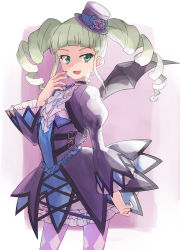 Rule 34 | 1girl, :d, absurdres, aikatsu!, aikatsu! (series), argyle, argyle clothes, argyle legwear, black nails, blue bow, bow, brooch, commentary request, cropped jacket, dress, drill hair, fang, flower, green eyes, green hair, hand up, hat, hat bow, hat flower, highres, jacket, jewelry, juliet sleeves, long sleeves, looking at viewer, mini hat, mini top hat, nail polish, nyama, open mouth, pantyhose, puffy sleeves, purple dress, purple flower, purple hat, purple jacket, purple rose, rose, smile, solo, standing, tilted headwear, todo yurika, top hat, twin drills, twintails, white neckwear, wide sleeves