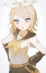 Rule 34 | 1girl, annoyed, bare shoulders, belt, black shorts, black sleeves, blonde hair, blue eyes, bow, breasts, detached sleeves, hair bow, hair ornament, hairclip, hands on own hips, head tilt, headphones, headset, highres, kagamine rin, light blush, looking at viewer, machida 0906, midriff, neckerchief, number tattoo, open mouth, shirt, short hair, shorts, shoulder tattoo, sleeveless, sleeveless shirt, small breasts, solo, tattoo, treble clef, vocaloid, white shirt, yellow belt, yellow neckerchief