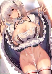 Rule 34 | 1girl, anchor, azur lane, bad id, bad twitter id, blush, bottomless, breasts, choker, cleavage, clothes lift, collarbone, convenient censoring, cowboy shot, dress, dress lift, dutch angle, frills, groin, hair between eyes, hairband, head tilt, lace-trimmed hairband, lace trim, large breasts, lifting own clothes, looking at viewer, navel, no panties, parted lips, puffy sleeves, red eyes, ribbon, ribbon-trimmed legwear, ribbon trim, satou daiji, short hair, short sleeves, sidelocks, sirius (azur lane), solo, stomach, thighhighs, thighs, wet, wet clothes, white hair, white thighhighs