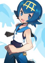 Rule 34 | 1girl, :d, bare arms, blue eyes, blue hair, blue pants, blue sailor collar, blush, bright pupils, clenched hands, commentary request, creatures (company), game freak, hairband, hata4564, highres, lana (pokemon), looking at viewer, nintendo, no sclera, one-piece swimsuit, open mouth, pants, pokemon, pokemon sm, sailor collar, shirt, short hair, sleeveless, sleeveless shirt, smile, solo, swimsuit, swimsuit under clothes, tongue, twitter username, white pupils, white shirt, yellow hairband