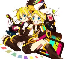Rule 34 | 1boy, 1girl, 4 (nakajima4423), :d, bare shoulders, blonde hair, blue eyes, brother and sister, detached sleeves, grin, hairband, headphones, headset, heart, kagamine len, kagamine rin, open mouth, record, shorts, siblings, sitting, smile, vocaloid