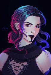 Rule 34 | 1girl, cleavage cutout, clothing cutout, commentary, dark background, earrings, english commentary, eyebrow piercing, facial mark, highres, jewelry, lips, looking at viewer, onyrica, original, piercing, purple eyes, purple hair, scarf, short hair with long locks, signature, solo, upper body