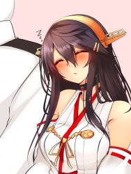 Rule 34 | 10s, 1boy, 1girl, admiral (kancolle), bad id, bad nicoseiga id, bare shoulders, black hair, blush, breasts, choker, collar, commentary request, detached sleeves, closed eyes, hair ornament, hairband, hairclip, haruna (kancolle), head on another&#039;s shoulder, headgear, heart, heart-shaped lock, heart lock (kantai collection), highres, japanese clothes, jewelry, kantai collection, kikumon, large breasts, lock, long hair, nontraditional miko, pink background, remodel (kantai collection), ribbon trim, simple background, sleeping, tsukui kachou, zzz