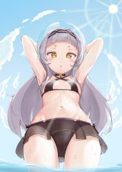 Rule 34 | 1girl, absurdres, armpits, arms up, ball, beachball, bikini, black bikini, blue sky, blunt bangs, blush, breasts, choker, cloud, cloudy sky, commentary request, cowboy shot, from below, hairband, halterneck, highres, holding, hololive, komasi, long hair, looking at viewer, looking down, murasaki shion, murasaki shion (hololive summer 2019), navel, open mouth, see-through, short eyebrows, sidelocks, silver hair, sky, small breasts, solo, stomach, sunlight, swimsuit, thighs, virtual youtuber, wading, water drop, wet, yellow eyes