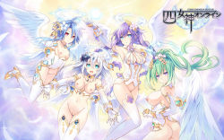 Rule 34 | 10s, 4girls, ahoge, angel wings, aqua eyes, ass, black heart (neptunia), blanc (neptunia), blue hair, braid, breasts, cleavage, elbow gloves, flower, gloves, green hair, green heart (neptunia), hair between eyes, hair flower, hair ornament, halo, highres, jewelry, large breasts, long hair, looking at viewer, multiple girls, navel, neptune (neptunia), neptune (series), nipples, noire (neptunia), nude filter, open mouth, outstretched arms, parted lips, ponytail, power symbol, purple eyes, purple hair, purple heart (neptunia), pussy, red eyes, sideboob, small breasts, smile, thighhighs, third-party edit, tsunako, twin braids, uncensored, vert (neptunia), very long hair, white hair, white heart (neptunia), wings