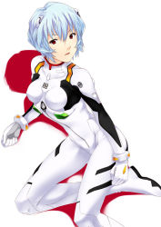 Rule 34 | 1girl, ayanami rei, blue hair, bodysuit, bracer, breasts, clenched hands, covered erect nipples, from side, gloves, hair between eyes, hair ornament, interface headset, looking at viewer, mizuki makoto, neon genesis evangelion, on one knee, parted lips, pilot suit, plugsuit, red eyes, shadow, short hair, simple background, small breasts, solo, turtleneck, white background