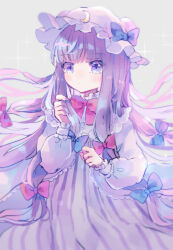 Rule 34 | 1girl, bow, crescent, crescent hat ornament, dress, frills, hair bow, hat, hat ornament, hiyuu (hiyualice), long hair, mob cap, patchouli day, patchouli knowledge, purple eyes, purple hair, striped clothes, striped dress, touhou, vertical-striped clothes, vertical-striped dress