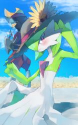 Rule 34 | bisharp, blue sky, blush, bob cut, chikichi, colored skin, creatures (company), cup, disposable cup, drinking straw, flower, game freak, gardevoir, gen 3 pokemon, gen 5 pokemon, green hair, hair over one eye, hat, hat flower, highres, looking at viewer, multicolored skin, nintendo, pink eyes, pokemon, pokemon (creature), sky, smile, sun hat, sunflower, two-tone skin, white skin