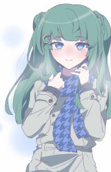 Rule 34 | 1girl, blue eyes, blue scarf, blunt bangs, blunt ends, blush, breath, closed mouth, coat, commentary request, green hair, grey coat, hands up, long hair, long sleeves, looking at viewer, nojima minami, pretty series, pripara, scarf, smile, solo, tsukikawa chili, two side up, upper body, white background, winter clothes, winter coat