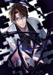 Rule 34 | 1boy, absurdres, aizen sousuke, black kimono, bleach, brown eyes, brown hair, casting spell, collarbone, commentary request, glasses, haori, highres, japanese clothes, kamishiro 01, kimono, looking at viewer, male focus, outstretched hand, parted lips, short hair, smile, solo, taichou haori, white background, wide sleeves