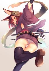 Rule 34 | 1girl, animal ear fluff, animal ears, ass, black thighhighs, blush, breasts, brown hair, calm mashiro, cameltoe, clog sandals, etrian odyssey, floral print, fox mask, highres, hound (sekaiju), japanese clothes, katana, kimono, looking at viewer, looking back, mask, mask on head, medium breasts, okobo, open mouth, orange eyes, outstretched arms, panties, pantyshot, pouch, purple kimono, rabbit ears, sandals, scarf, sekaiju no meikyuu, sekaiju no meikyuu 5, sheath, short hair, short kimono, sideboob, solo, sword, teeth, thighhighs, twitter username, underwear, upper teeth only, weapon, white panties, wrist guards