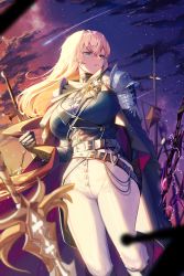 Rule 34 | 1girl, absurdres, arm behind back, armor, belt, blonde hair, blurry, blurry foreground, breasts, buttons, cape, chain, clenched hand, cloud, commentary request, cowboy shot, crossed bangs, electricity, gauntlets, glowing, gold trim, green eyes, hair between eyes, high-waist pants, highres, large breasts, looking afar, looking to the side, mendou kusai, night, night sky, o-ring, open clothes, original, outdoors, pants, parted lips, shadow, shooting star, shoulder armor, sky, solo, standing, star (sky), starry sky, sunset, sword, weapon, white legwear